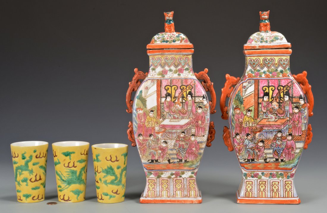 Imperial style Yellow Cups; Mandarin Palette Vases: 1st group: 3 Chinese Imperial Style Yellow Cups or beakers, tall cylindrical form, decorated with green dragons chasing flaming pearls amid clouds. Apocryphal K'ang Hsi marks incised to underside of 2