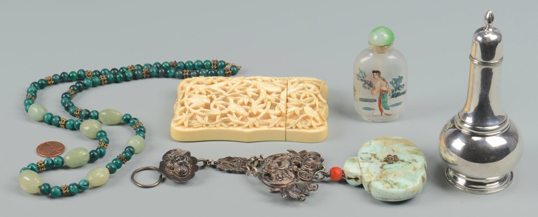 5 Asian themed items, incl Ivory Case: 1st item: Chinese ivory carved card case of rectangular form with relief bird and leaf carving on one side and figures on landscape scene on back, 4 1/4" H x 2 3/4" W x 3/8" D. 2nd item: Tiffany & Co.
