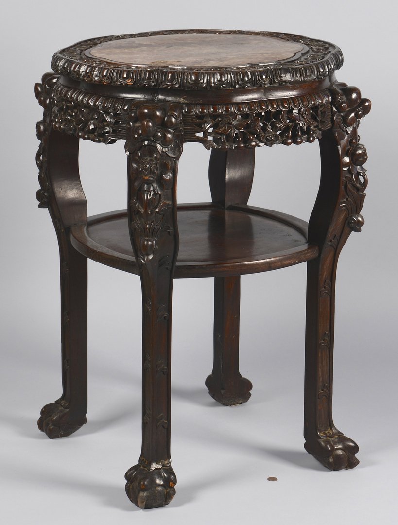 Chinese Carved Table/Stand w/ Marble Inset: Chinese carved table or stand comprised of a lobed top with gadrooned edge, a pierced foliate carved frieze, lower shelf, carved ball and claw feet and an inset rose colored marble top. 31 5/8" H x ap