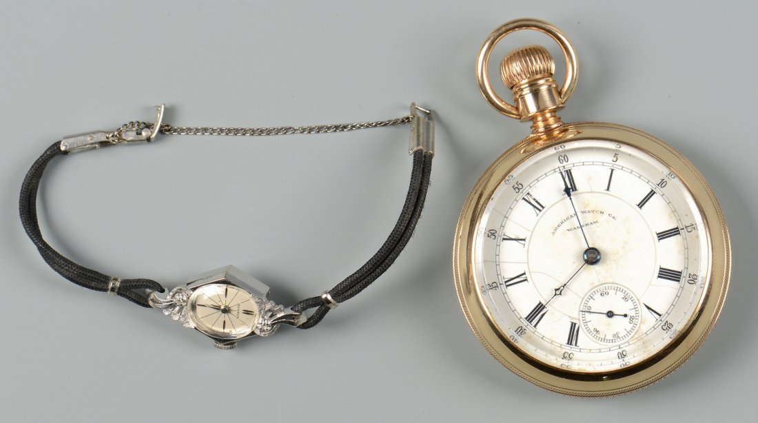 2 14K watches inc. Waltham Pocket watch: Group of two 14k watches. 1st item: Waltham American Watch Co. pocketwatch with bright cut garden trellis decoration on back. White enamel Roman numeral face with secondary dial. Inside back case cove