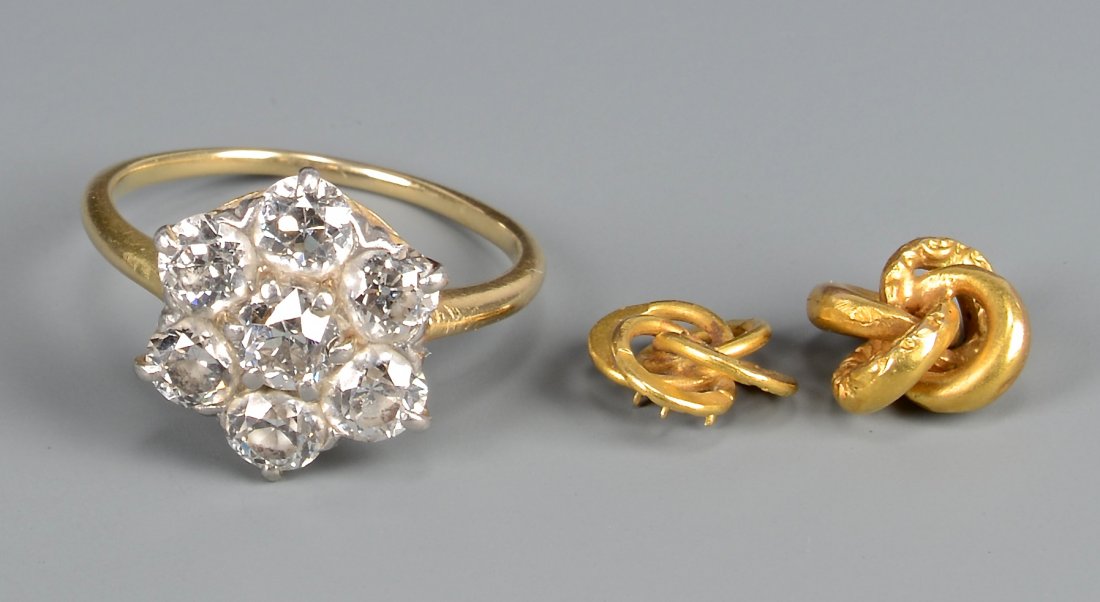 18k Diamond Flower Ring & 14k knots: 1st item: 18k yellow gold and platinum diamond flower cluster ring containing 7 old European cut diamonds with a total weight of approximately 2 cts. , SI2-I1, G-H. The mounting is 18k yellow gold wit
