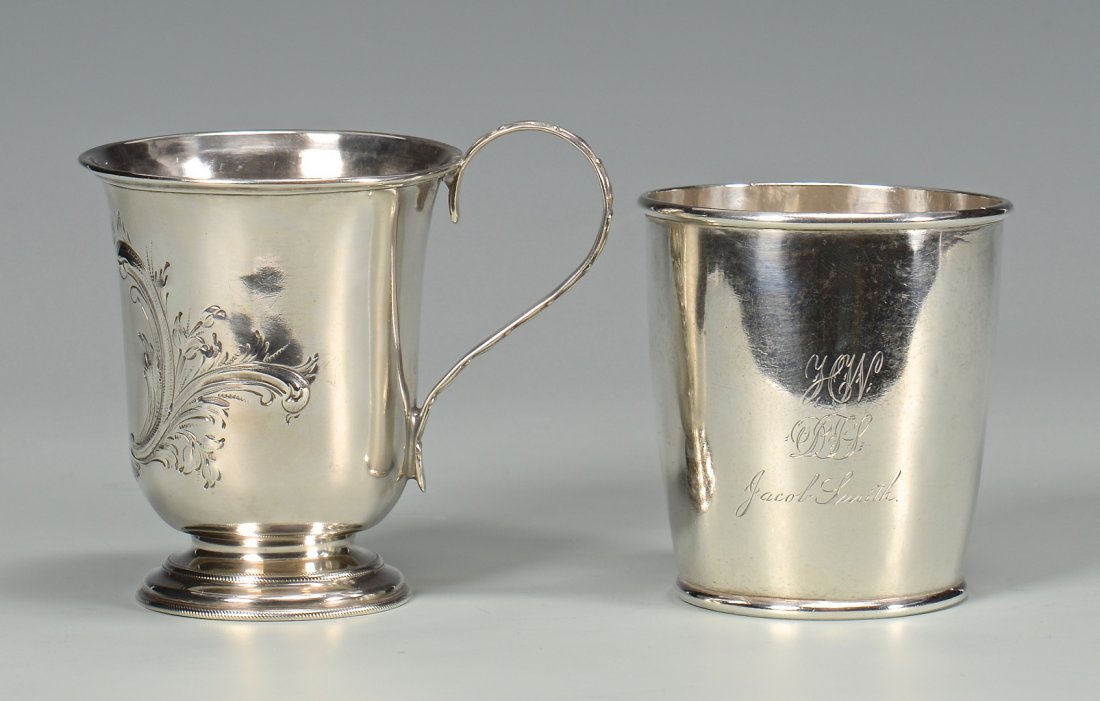 2 coin silver cups, NY and Boston: 1st item: Boston coin silver beaker with molded rim and footring and swelling sides, monogrammed Julia Lamberd Jamison on one side and HW, DFS and Jacob Smith on other side, marked on bottom Baldwin &