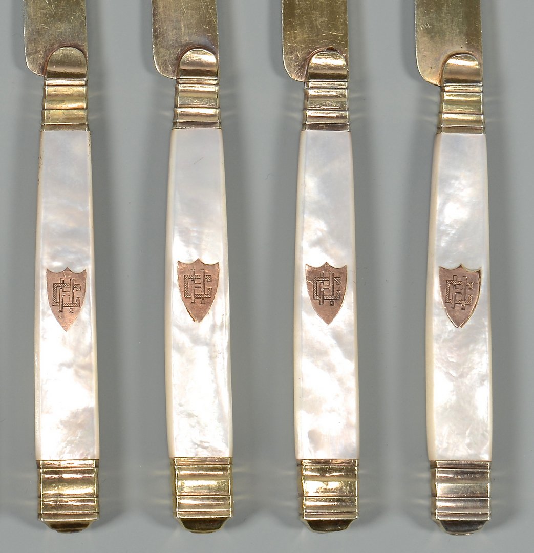 10 French Silver-Gilt Knives ex-Cordell Hull: Ten (10) French vermeil fruit knives from the estate of Cordell Hull. Knives have gilded silver blades and tips, with mother of pearl handles inlaid with rose gold or copper shield, engraved with Art 
