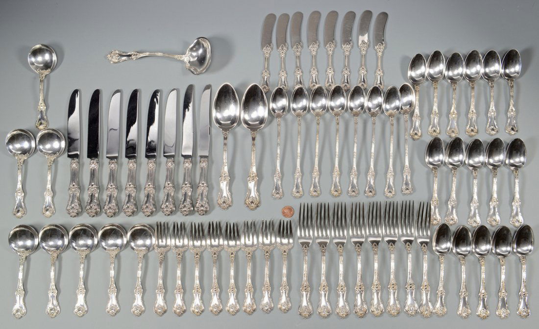 Frank Smith Sterling Flatware, 67 pcs: 67 pieces sterling silver flatware by the Frank Smith Silver Co. in the Federal Cotillion pattern (also known as Edward VII, introduced 1901). Includes 8 dinner forks, 8 salad/dessert forks, 8 knives