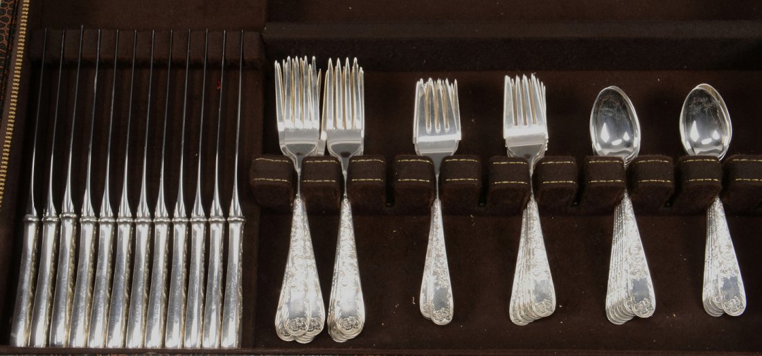 Kirk & Son Old Maryland Sterling Flatware: S. Kirk & Son "Old Maryland" sterling silver flatware, 48 pieces, including 12 dinner knives with stainless steel blades (8 3/8" L); 12 dinner forks (7 1/4" L); 12 salad forks (6 3/8" L); and 12 teasp