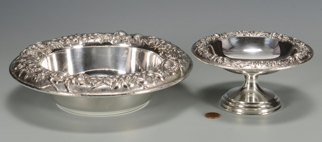 2 Kirk & Son Repousse Bowls: Two S. Kirk & Son partially hand chased sterling silver serving pieces, Repousse pattern. 1st item: Round vegetable bowl, 9 1/2" diameter, marked 219AF on base, 16.495 oz troy. 2nd item: Short compote
