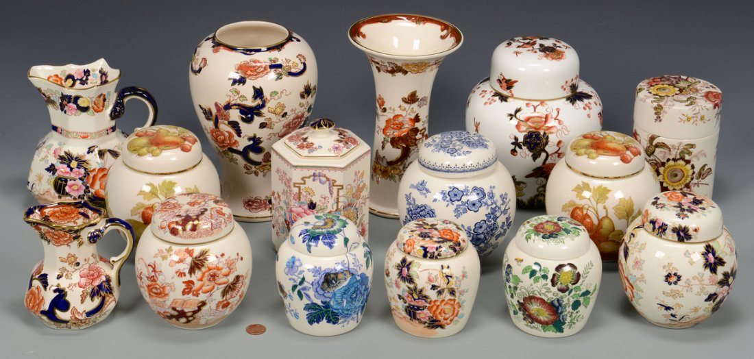 15 Assorted Mason's Ironstone Items: Collection of assorted Mason's Ironstone including nine (9) ginger jars, two (2) cream pitchers, one (1) round covered jar, one (1) hexagonal covered jar, one (1) trumpet form vase and one (1) bulbous