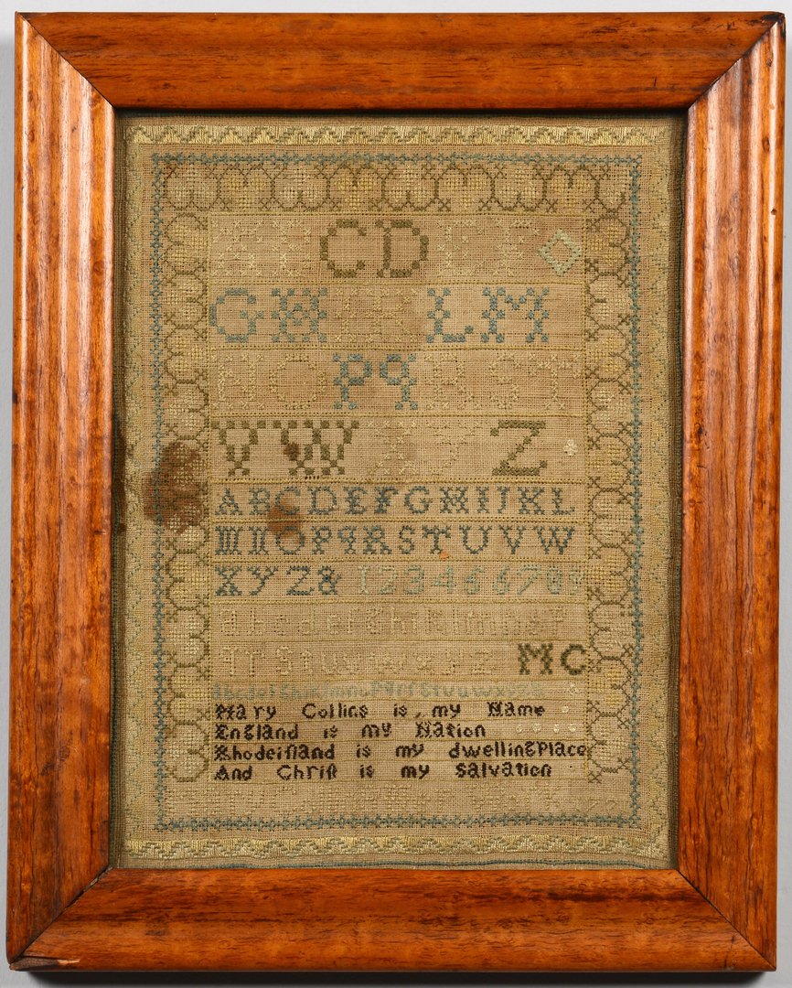 1771 Rhode Island Sampler: 18th century silk on linen Rhode Island school girl alphabet sampler by Mary Collins, 9 yrs old, dated 1771, with upper case and lower case alphabet, and numerals 1 through 9. Verse: "Mary Collins is 