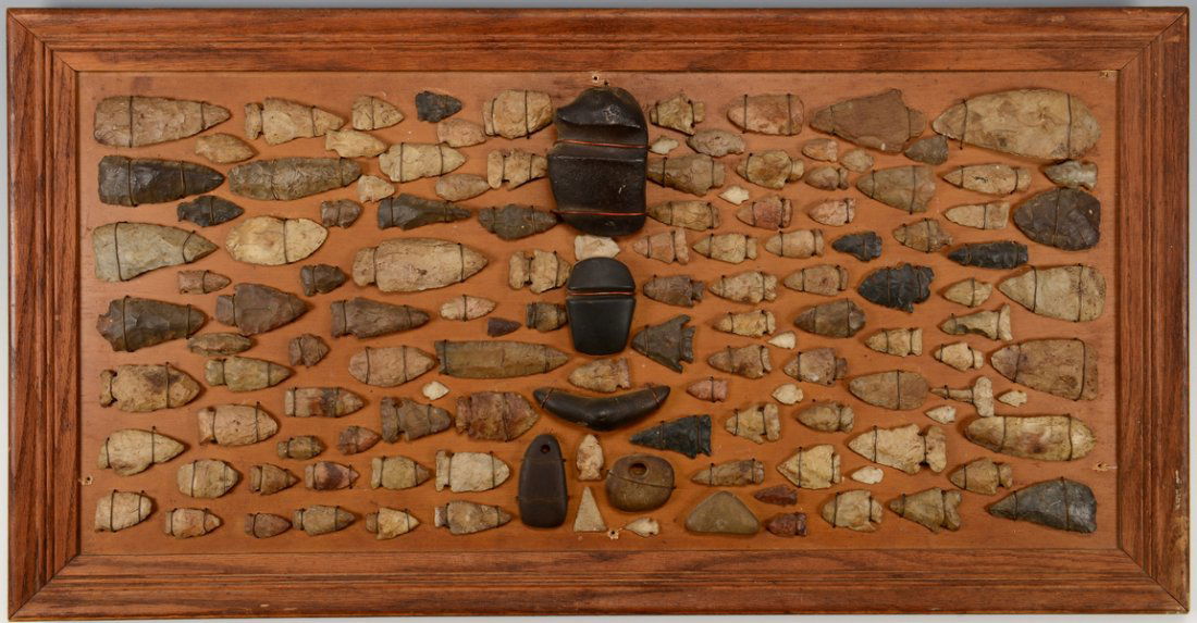 129 Mounted Native American Points & Artifacts: Large mounted collection of Native American points and other related Indian tools/artifacts, 129 total, catalogued and numbered by the McClung Museum of Natural History and Culture, Knoxville Tennesse