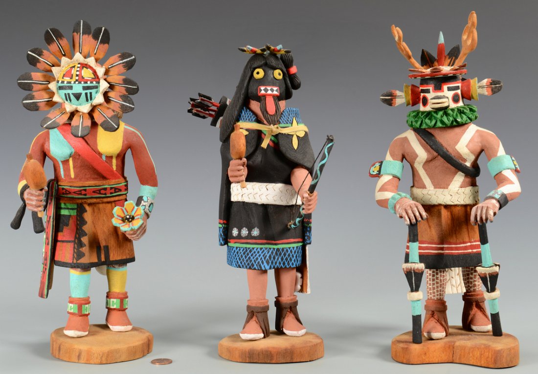 Group of 3 Hopi Kachinas, signed Pat Lanza: Grouping of three (3) Native American Hopi Kachinas, all signed on the base "Pat Lanza, Old Orairi, Ariz., Hopi". Titles include Warrior Maiden, Sun Kachina, and Deer Kachina. Ranging in size from 11