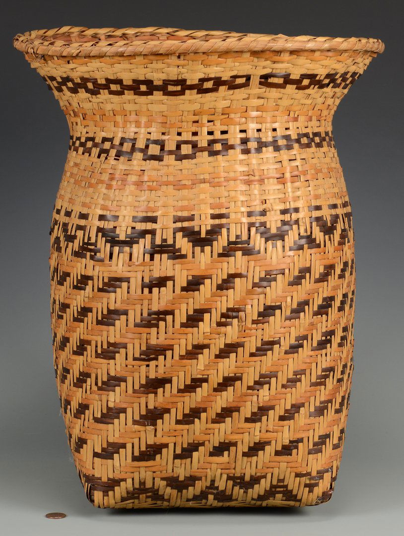 Cherokee Rivercane Basket, Wastebasket form: Native American Cherokee rivercane basket, wastebasket form, with overall geometric design. 17 1/2" H x 12 1/4" Dia. 1st half of 20th century.
