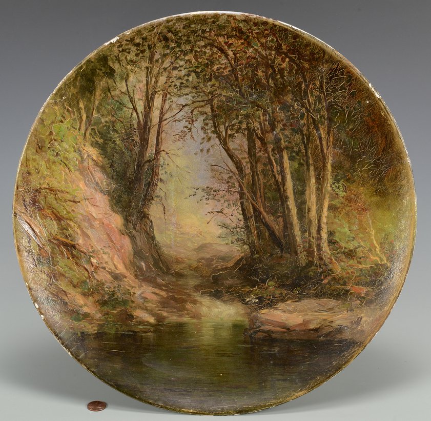 Manner of Thomas Doughty, Mountain Stream: Hudson River School, manner of Thomas Doughty (American, 1793-1856), oil on round concave pressboard/plaster, depicting a wooded landscape with stream, unsigned. Unframed. 15 7/8" diameter. Pencil mar