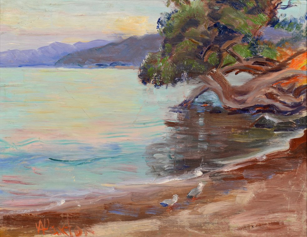 William Paxton Oil on Cloth Lake Scene: William Arthur Paxton (American, 1873 - 1965) coastal landscape oil on thin canvas/cloth and mounted on board titled "Pahanta Koa Tree". Signed lower left in red. Housed in a contemporary gilt and pai