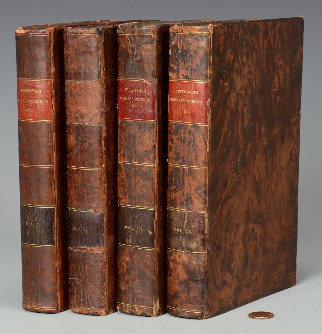 1829 Jefferson's Correspondence, Charlottesville. 4: [Thomas Jefferson] Memoir, Correspondence, and Miscellanies from the Papers of Thomas Jefferson. Edited by Thomas Jefferson Randolph. Charlottesville: F. Carr. 1829 4 Volumes. Frontispiece portrait fr