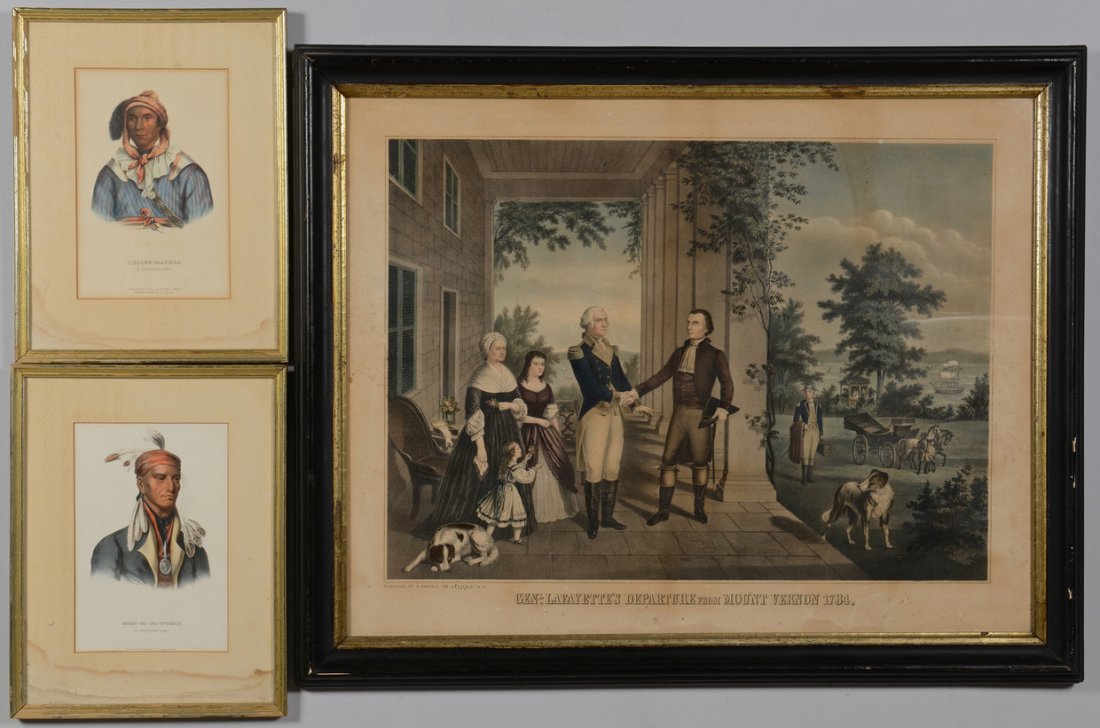 Lafayette and Native American Prints: 1st item: Colored engraving published by E. Farrell, New York, titled " Genl. Lafayette's Departure from Mt. Vernon, 1784". Housed in a gilt and black painted wooden frame. Sight - 21" H x 27 1/4" W.