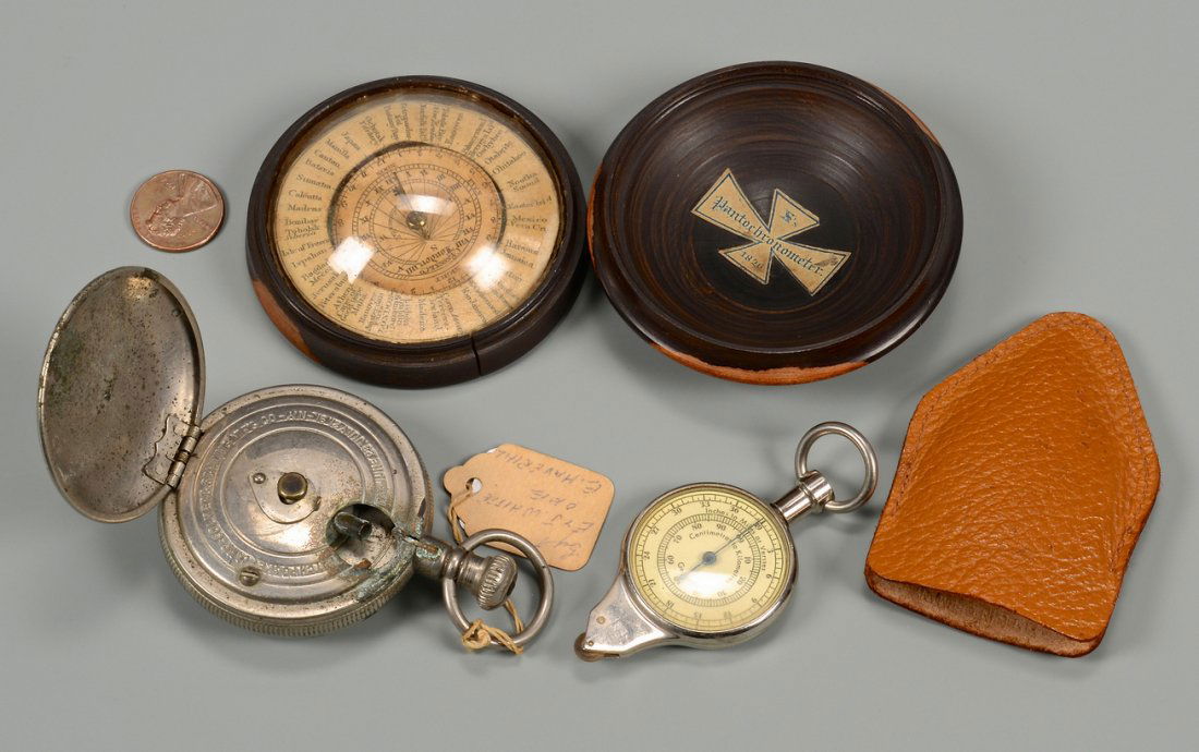 3 Scientific Antiques: 1st item: Pocket Watch Lamp dated 1891, made by Folmer & Schwing, with silverplated hunting case having engine turned decoration; 2" diameter. 2nd item: Pantochronometer, dated 1826. Combination brass