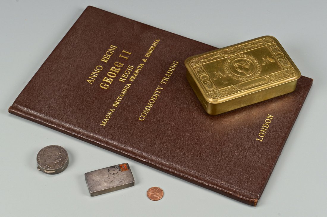 1722 Parliament Act and 3 boxes: 1st item: 1723 (George II) English Parliament decree regarding taxes (duties) on the importation of commodities Coffee, Tea, Cocoa Nuts, Chocolate and Chocolate paste, and granting relief to Robert Da