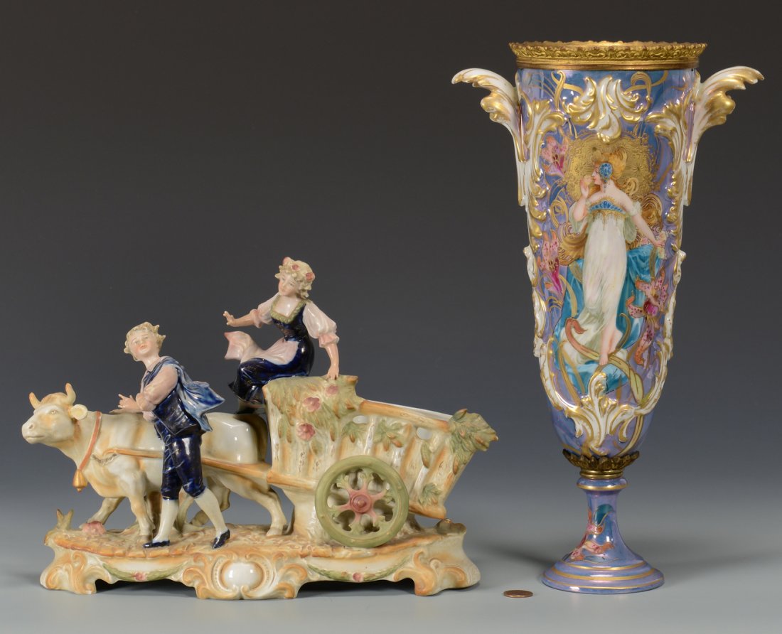 Sevres style Art Nouveau Vase and Figural: Art Nouveau porcelain vase on shaped base, lustre glaze with ormolu mounts, white and gilt swag handles and decorated with two cartouches, one painted with a woman in a white and turquoise Grecian gow