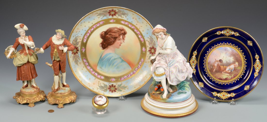 European Porcelains inc. Sevres, 6 Items: Assembled grouping of six (6) porcelain items. 1st & 2nd item: Pair of German porcelain male and female lovers, both with blue "W" mark on base and numbered "6" on gilt footed bases. 10 3/8" H. 3rd it