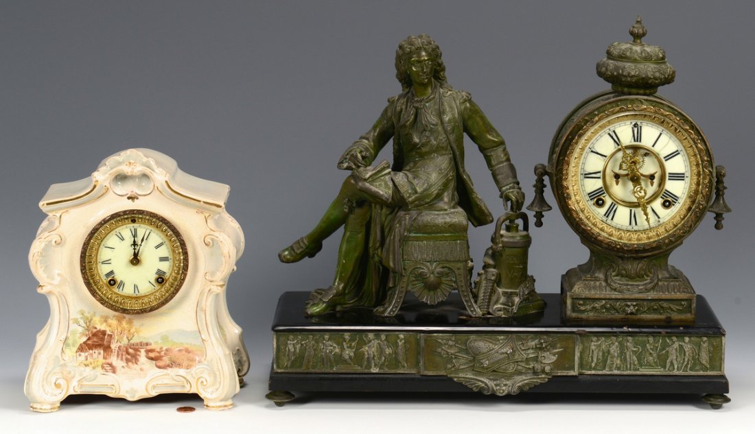 Pair of mantel clocks, Astonia & Royal Bonn: Pair of mantel clocks. 1st item: Ansonia Denis Papin bronze and black painted metal figural mantle clock. Clockworks marked "Ansonia Clock Co, Patented June 14, 81, New York, USA" and "Patented June 1