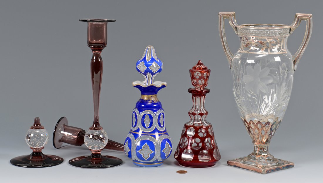 5 Pcs Glass: Perfume Bottles, Vase, Candlesticks: 1st item: Clear crystal urn shaped vase with silverplated overlay side handles and vine design silver overlay at the neck and square foot; frosted and cut floral pattern to center and pressed Greek Ke