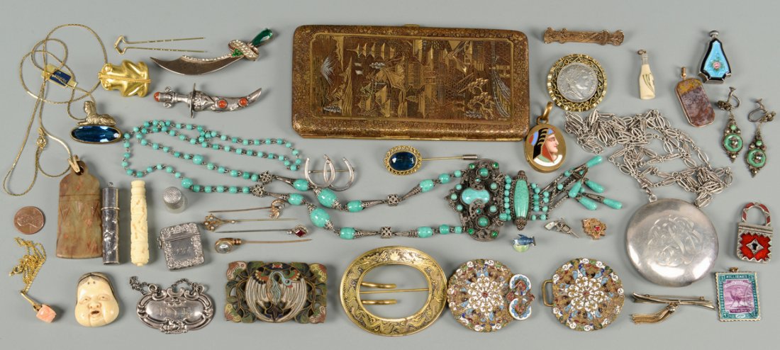 Assorted Vintage Jewelry, Buckles and Cases: Asian-themed mixed metal cigarette case with landscape and dragon scenes; 3 buckles, including cloisonne and mixed metal; carved face mask with maker's mark on back; silver metal and green faux-stone 