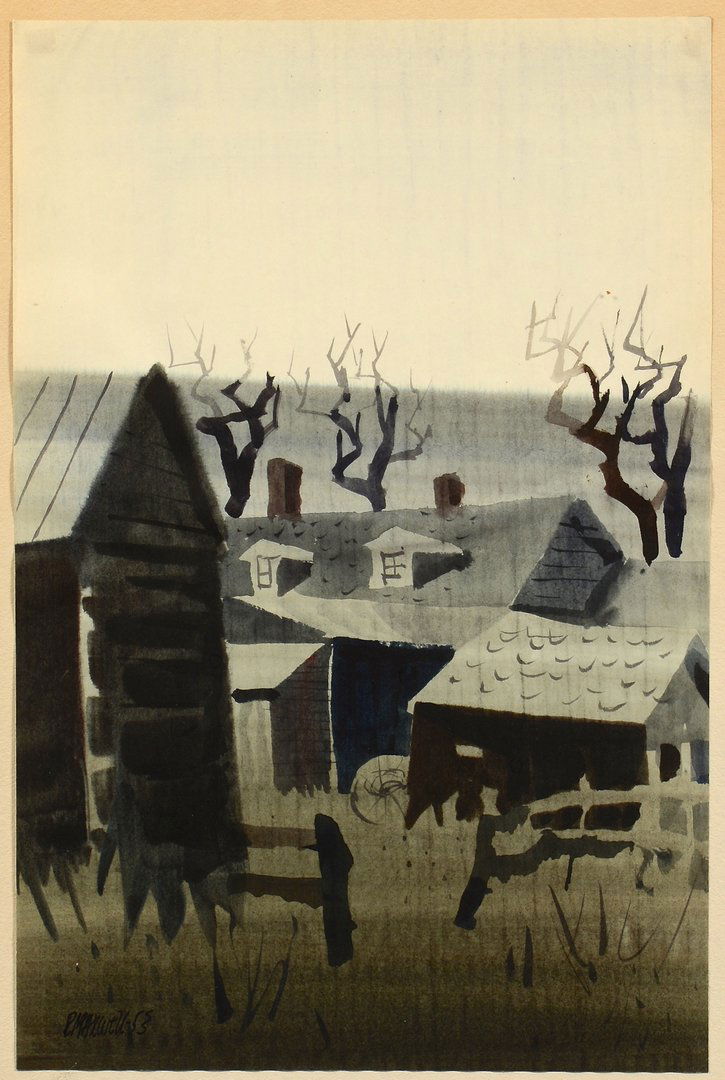 Paul Maxwell Watercolor w/ House: Paul Maxwell (American, 20th c.) watercolor of house with outbuildings and fence, signed and dated lower left, "P. Maxwell 53". Sheet: 18" H x 11 3/4" W, thin black frame: 26 1/8" H x 18 3/4" W.