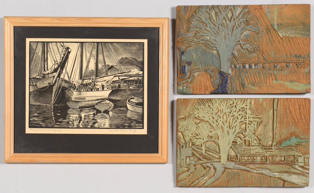 3 Carroll Thayer Berry woodblock works: Carroll Thayer Berry (Maine, 1886-1978) woodblock works. 1st item: Woodblock signed print titled "Tomorrow is Sailing Day", signed in block and pencil signed and titled in lower margin. Image: 9" H x 