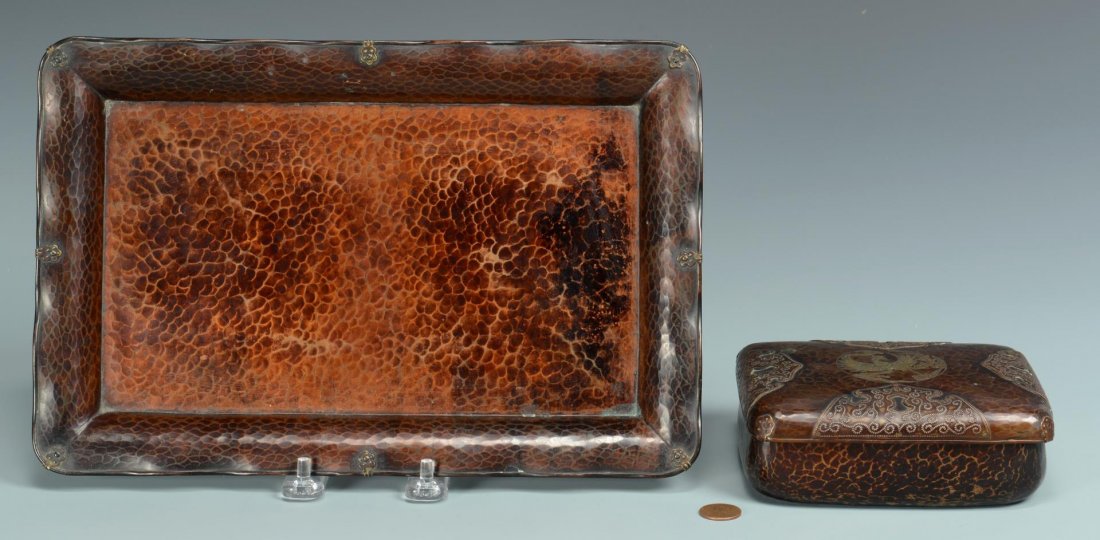 Japanese Mixed Metal Box w/ Undertray, signed: Japanese mixed metal box, hammered copper with textured patina, the lid with central inset brass or bronze phoenix decoration and applied textured metal mounts at sides and corners, together with a re