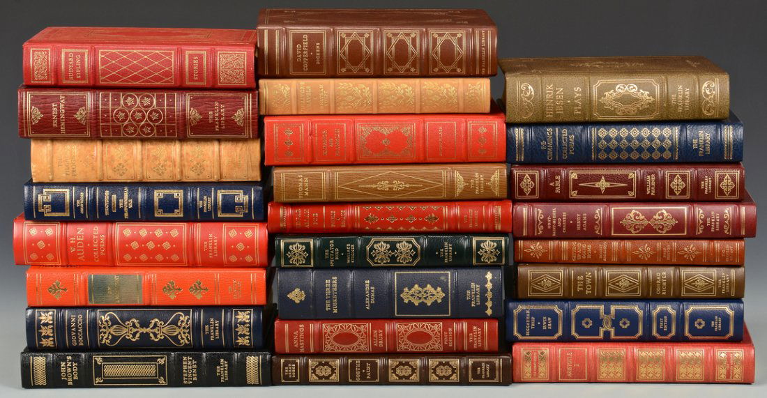 25 Franklin Press Books: Grouping of 25 Franklin Press books, titles include: Beggarman Thief, Aristotle I, W. H. Auden Collected Poems, Guy de Maupassant, Boccaccio, John Brown's Body, Thomas Mann, David Copperfield, The Thr