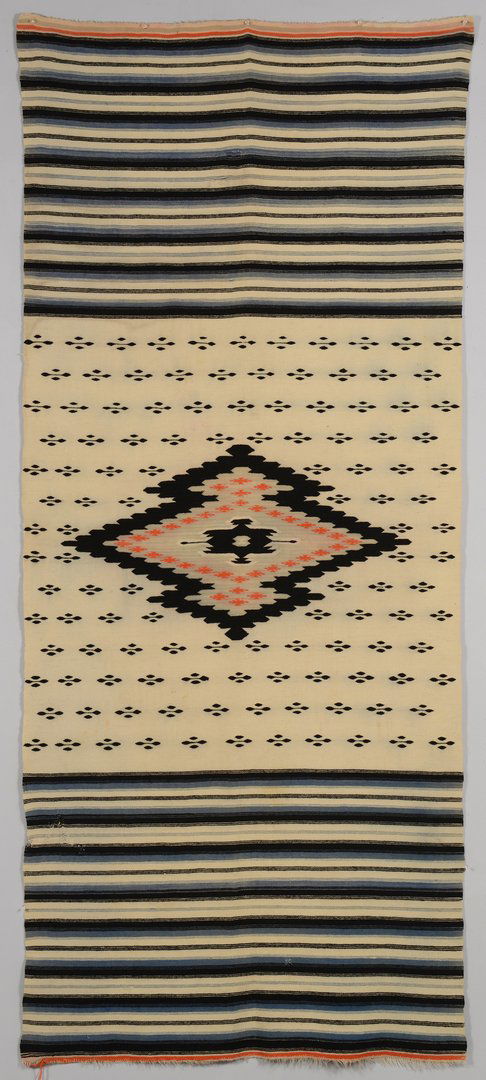 Native American Rio Grande Blanket: Native American Rio Grande blanket having central diamond field flanked by alternating bands of black, blue and white, ending in red band. 89" x 37 3/4". 1st half 20th century.