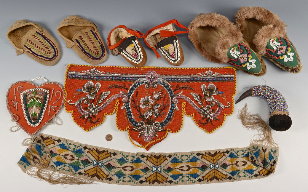 7 Native American Beaded Items: Lot of Native American beadwork items. 1st item: Pair of fur moccasins with multicolor beaded eagle design, possibly Tlingit, 10"L. Excellent condition with little to no wear. 20th century. 2nd item: