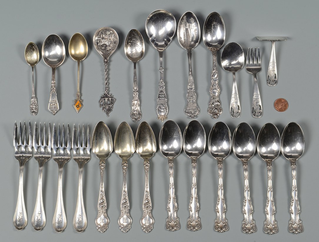 Group of Sterling Silver Flatware: Group of sterling silver flatware including 3 matching Wallace fruit spoons with gilt bowls, 4 matching Towle dessert forks, 6 matching Dominick & Haff teaspoons, monogrammed and dated Dec. 25, 1904, 