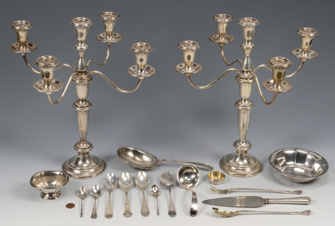 Misc. Grouping of Sterling: Miscellaneous grouping of sterling silver table items including pair of 5-arm candelabra with weighted bases, 14-3/4" H; miscellaneous group of sterling flatware including casserole spoon, gravy ladle