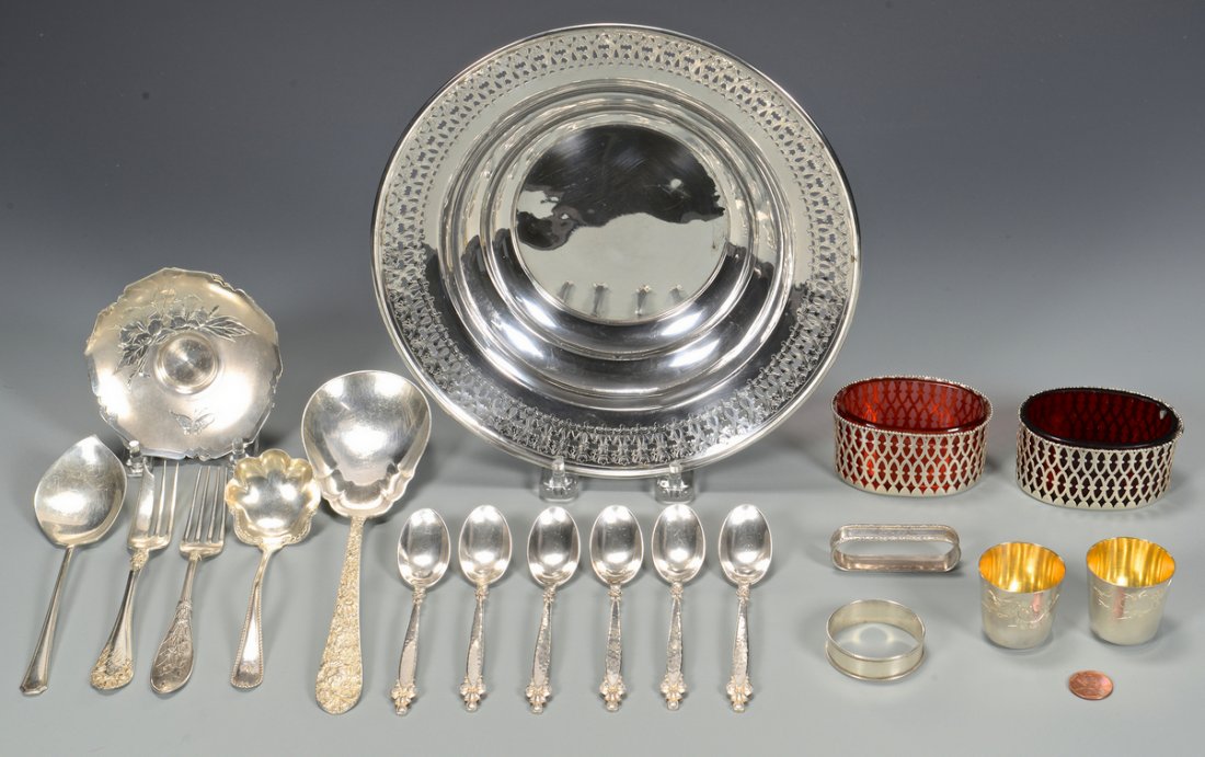 Assd. Silver Hollowware, Flatware, 19 items: A group of assorted vintage silver hollowware and flatware. 1st item: American sterling bowl with engraved reticulated border, marked MH Sterling, 9" diameter. 2nd and 3rd items: 2 Japanese silver sak