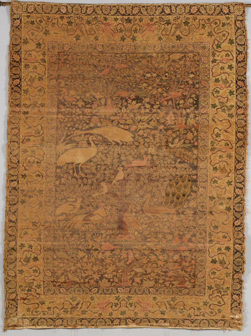 Persian Silk Qum Rug, display mounting: Antique Persian Qum area rug, silk on cotton, 70 1/2" L x 52" W, tree of life design with numerous birds and primary border of vine with birds, leaves and berries and two small secondary borders. All