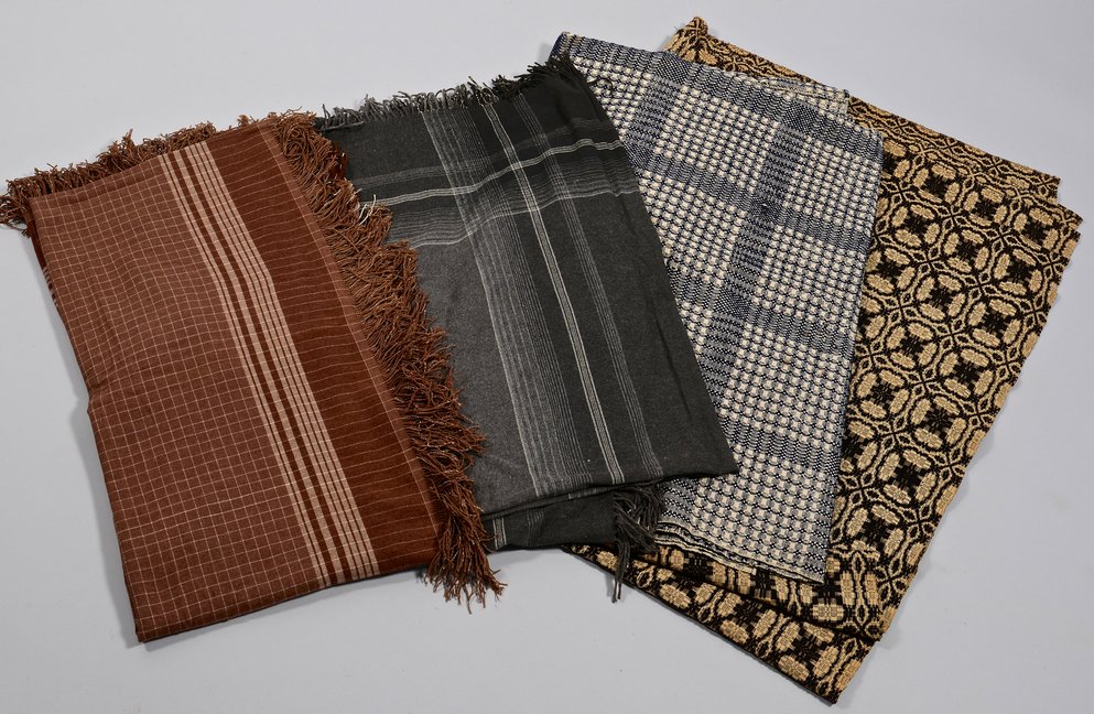 2 Amish buggy blankets & 2 coverlets: 1st and 2nd item: Two Amish wool buggy blankets, grey and white: 121" L x 63" W; brown and white: 120" L x 63" W. 3rd and 4th items: Two overshot Summer and Winter coverets, wool and cotton Snowball p