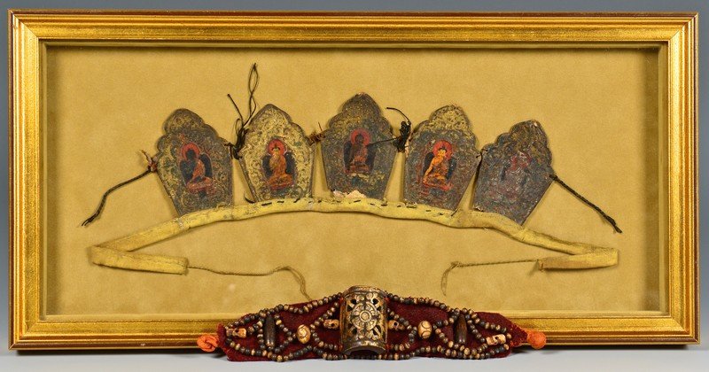 Tibetan Buddhist Crown Ringga & Tibetan Bracelet: 1st item: Tibetan Buddhist ritual crown ringga comprised of five (5) individual polychrome painted images on metal, each metal plaque depicting various deities, including Buddha, mounted together on a
