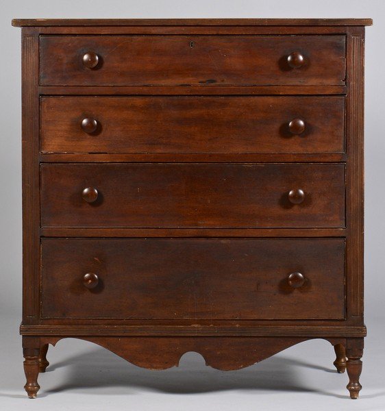 Kentucky walnut chest of drawers, reeded stiles: Kentucky walnut Sheraton chest of drawers in an old surface, found in the Bowling Green area. Four graduated dovetailed drawers with cockbeading, reeded stiles, reeded base molding over a shaped apron