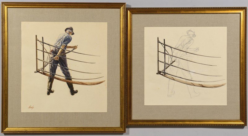 2 John Chumley Works of Art: 1st item - John Wesley Chumley (Virginia/Tennessee, 1928 -1984) watercolor on paper of farmer holding a cradle scythe or corn reaper, signed lower left, "Chumley". 22" x 23" sight, 31 1/4" x 33 1/4" f