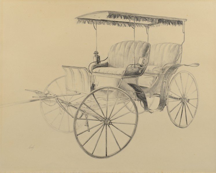 John Chumley, TN, Drawing of Carriage: John Wesley Chumley (Virginia/Tennessee 1928 - 1984) pencil drawing of a carriage with fringed canopy. Signed lower left "Chumley". Housed in a carved gilt wood frame with linen liner. Sight - 22 3/4"