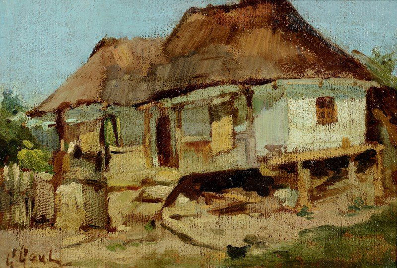 Gilbert Gaul oil, French Colonial Cottage: Gilbert Gaul (NY/TN/NJ, 1855-1919) oil on board, impressionistic landscape depicting a cottage, possibly French Creole, raised on piers with steep thatched roof. The architecture is reminiscent of ver