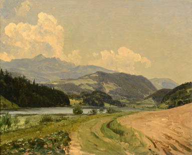 Attr. Thomas W. Whittredge Oil on Canvas Landscape: Oil on canvas landscape, attributed to Thomas Worthington Whittredge (New Jersey/New York/Ohio, 1820 - 1910) titled "An August Morning" and inscribed en verso " Switzerland". The painting depicts a ro