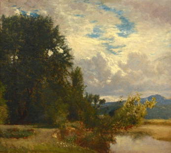 William M. Hart Oil on Canvas Landscape: Attrib. William M. Hart (Scotland/New York, 1823-1894) oil on canvas landscape depicting a creek or small river running through a meadow, a grove of towering trees to the side, and mountains in the di