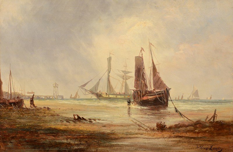 William Langley Seascape, Ship In Harbor: William Langley (United Kingdom, 1852 - 1922) oil on canvas marine painting depicting a sailing vessel tethered near shore while other vessels are sailing in the background. Signed lower right, "Willi