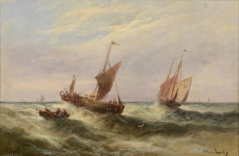 William Langley Seascape, Ships at Sea: William Langley (United Kingdom, 1852 - 1922) oil on canvas marine painting depicting figures in two sailing vessels and a rowboat, being tossed on choppy waves. Signed lower right, "William Langley".