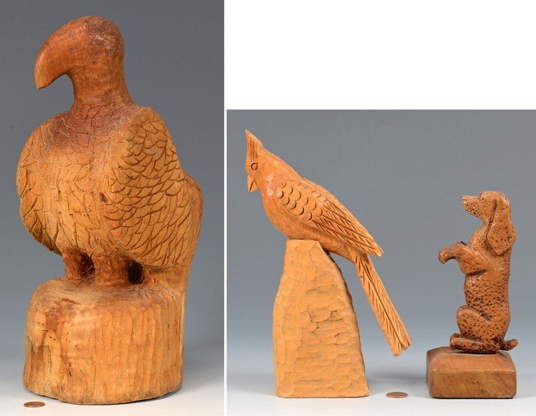 3 Carvings attr. Clarence Stringfield: Three (3) wood carvings attributed to Clarence Stringfield (Tennessee, 1903-1976). Includes a folk art carved figure of a bird, possibly a cardinal, perched on a carved pedestal, signed, "C. Stringfie