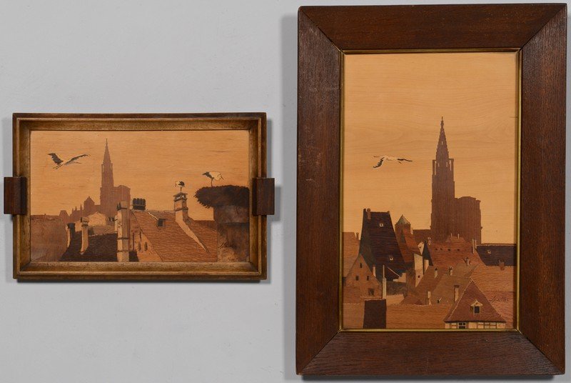 2 Spindler Marquetry Panels: Two French marquetry landscape panels, from the workshop of Paul Louis and Jean Charles Spindler (French 1906-1980/b. 1949), both signed lower right. 1st item: Panel depicting the Strasbourg Cathedral