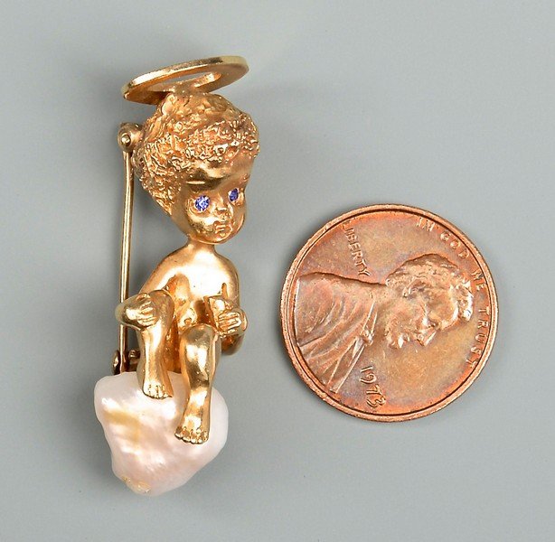 Ruser 14K yellow gold cherub pin with pearl (1 of 9)