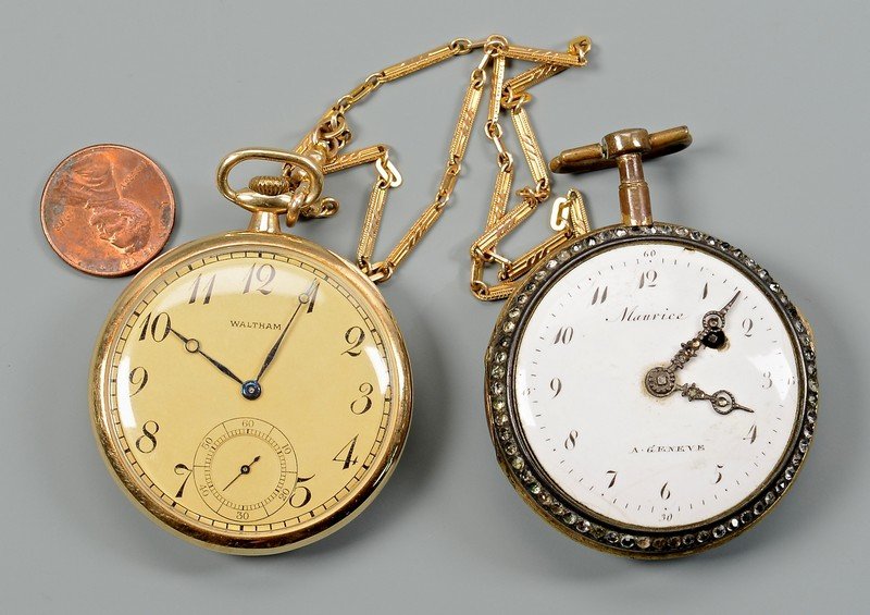 2 Pocket Watches, 14K Waltham w/ 14K Chain, Enameled (1 of 10)